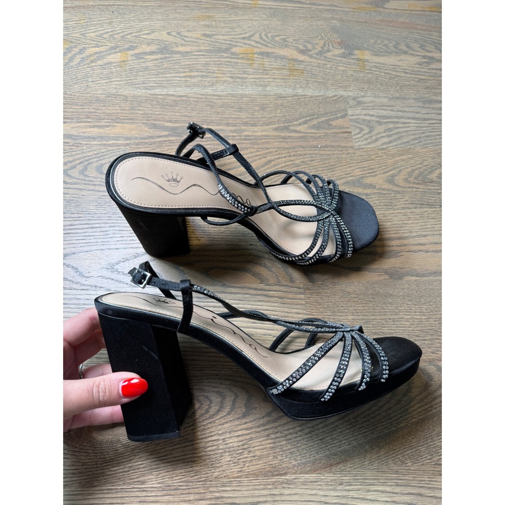 Nina‎ Black Satin Rhinestone Strappy Block Heel Platform Sandals Womens 10M